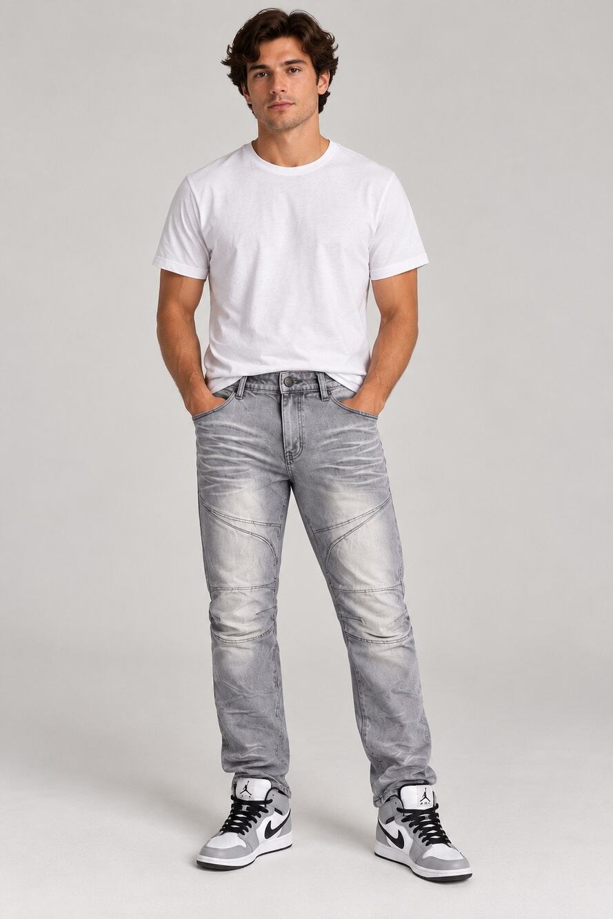 Smoke Rise Men’s Moto Biker Jeans 40x32 Gray Acid Wash Distressed Denim